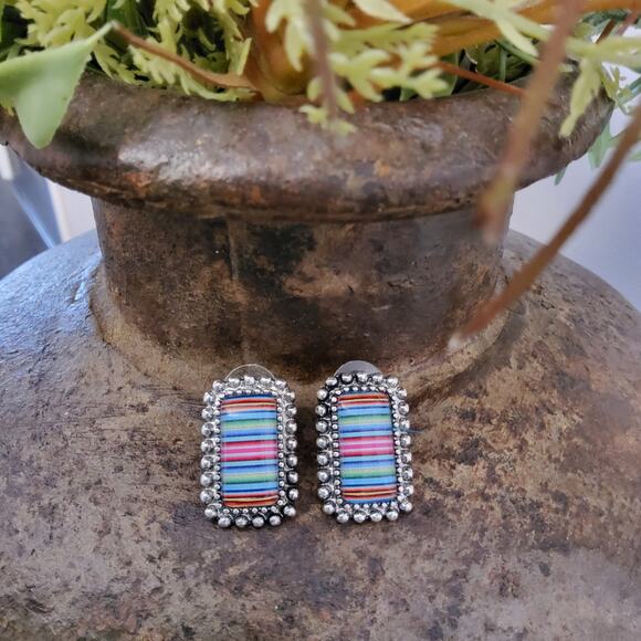 Western Rectangle Burnished Silver Stud Earrings Colorful Stripe - Picture 1 of 9